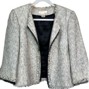 WHBM Tweed Fringe Jacket Black White 3/4 Sleeves Sz 12